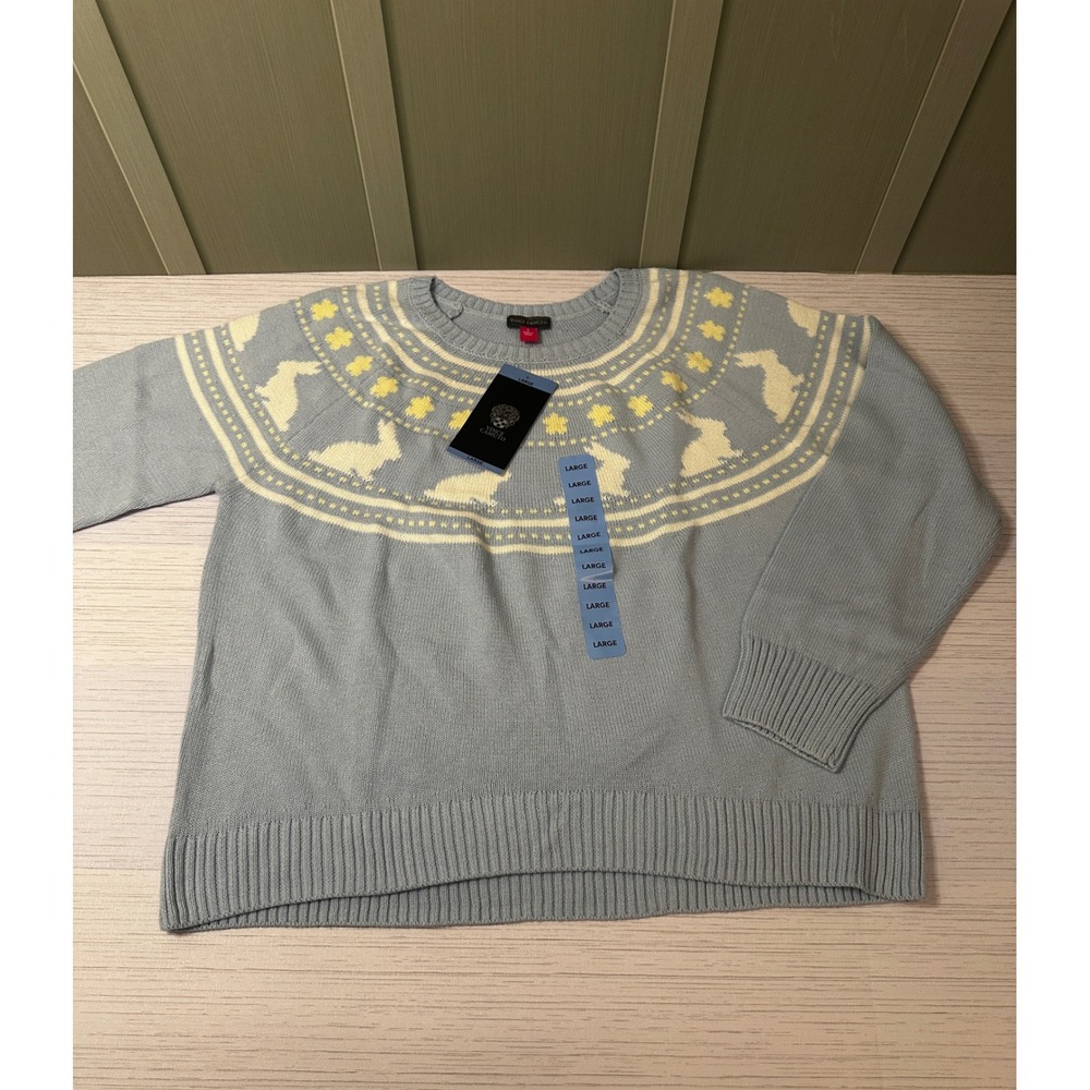Vince Camuto Womens Sweater Light Blue Rabbit Fair Isle Knit Large NEW